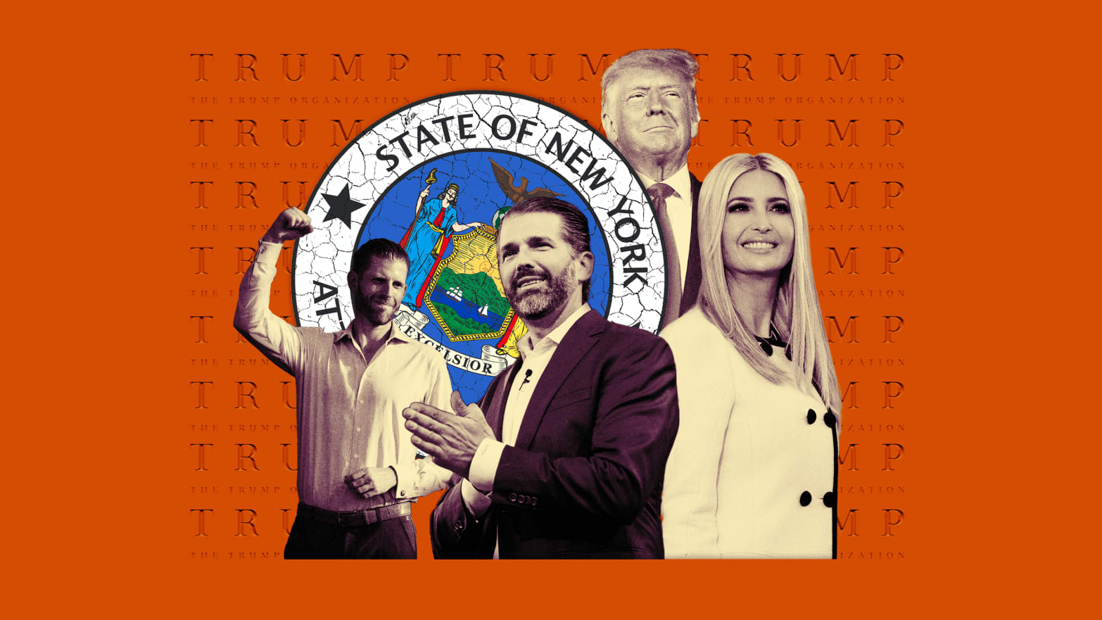 A photo illustration of Eric Trump, Donald Trump Jr., Ivanka Trump, Donald Trump, the seal of the New York Attorney General, and logos of the Trump Organization.
