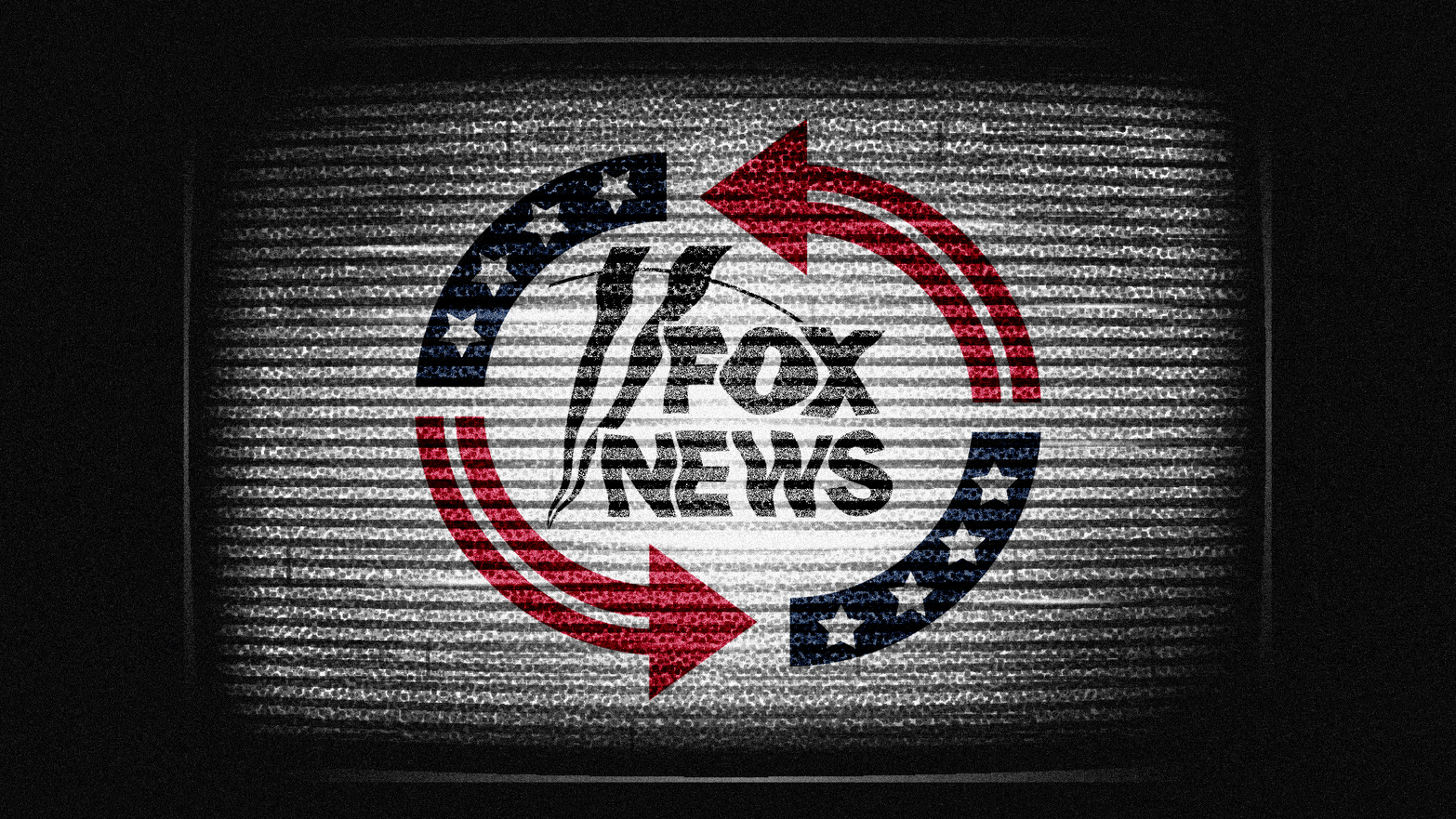 Photo illustrative gif of an adapted version of the Turning Point USA logo with a glitching Fox News logo on a static TV screen.