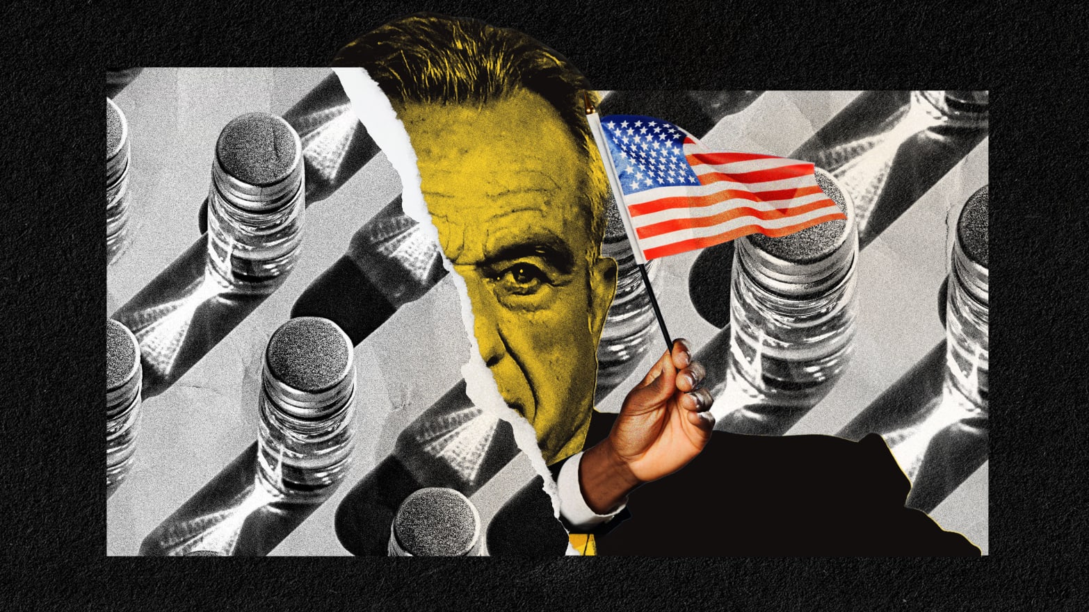 A photo illustration featuring Robert F. Kennedy Jr. between a torn picture of vaccine vials and a black hand waving an American flag