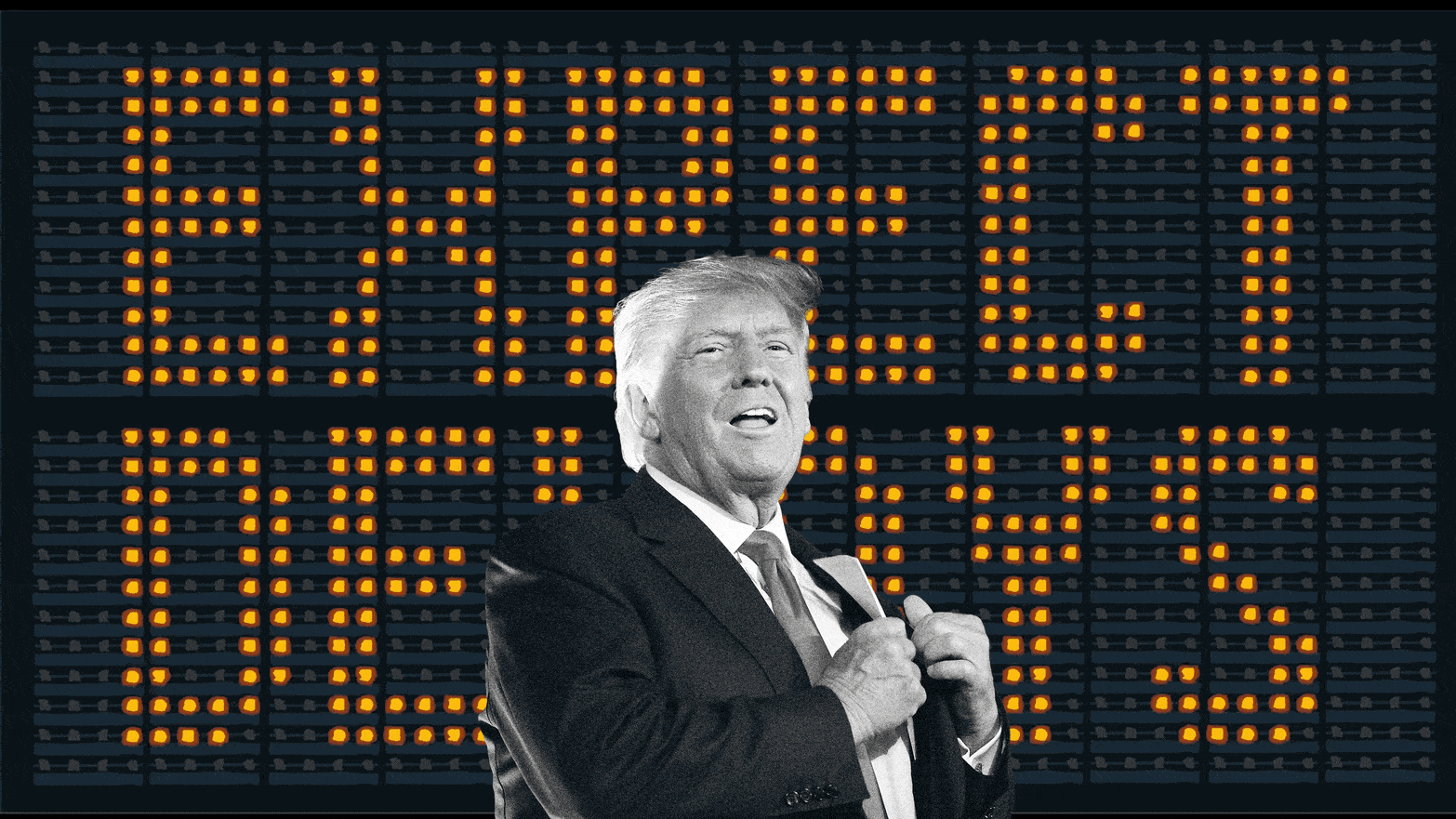 An animated gif of Donald Trump in front of a 'Expect Delays' flashing sign.
