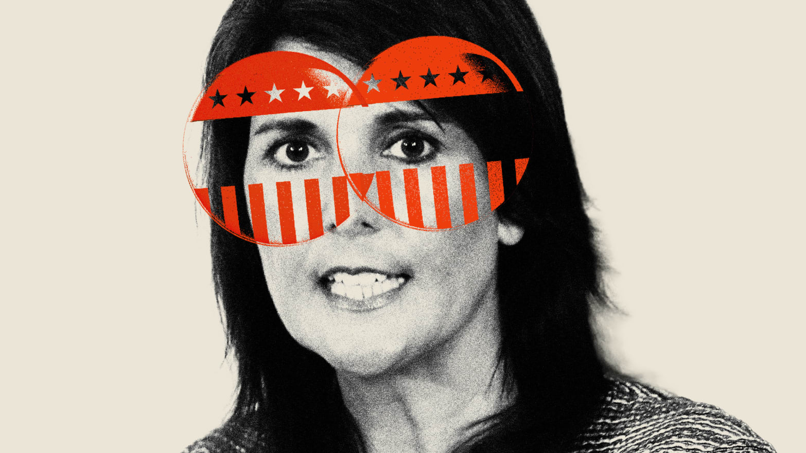 Photo illustration of Nikki Haley with voting badges overlaid over her eyes like a mask.