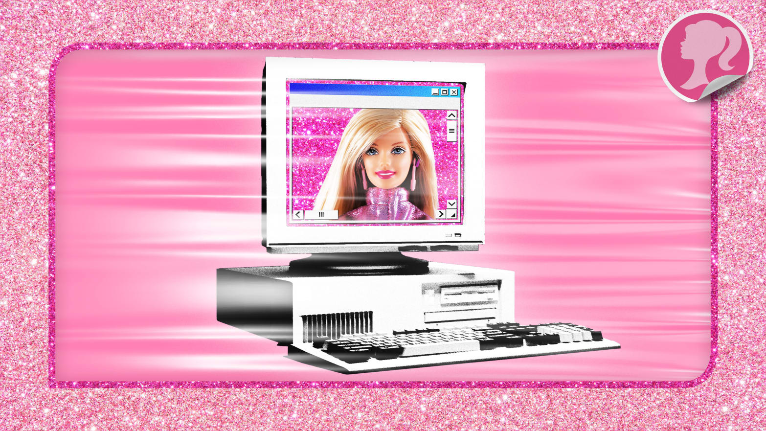An illustration including photos of Barbie iconography, Glitter and Barbie Logo.