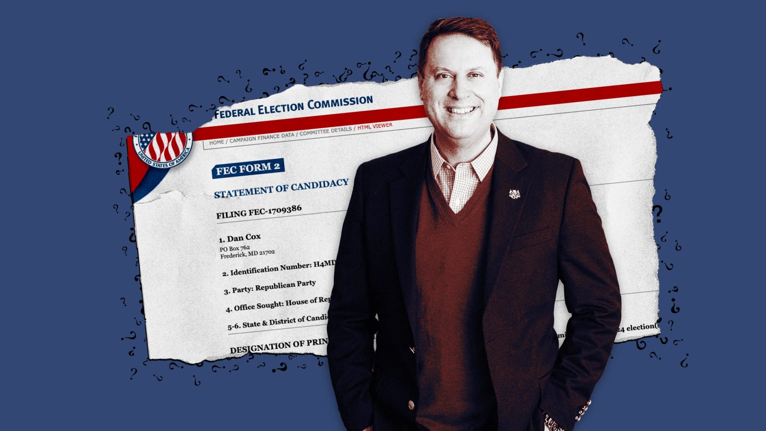 A photo illustration of former Maryland Republican gubernatorial candidate Dan Cox superimposed over FEC paperwork to enter into the 6th District Congressional race.