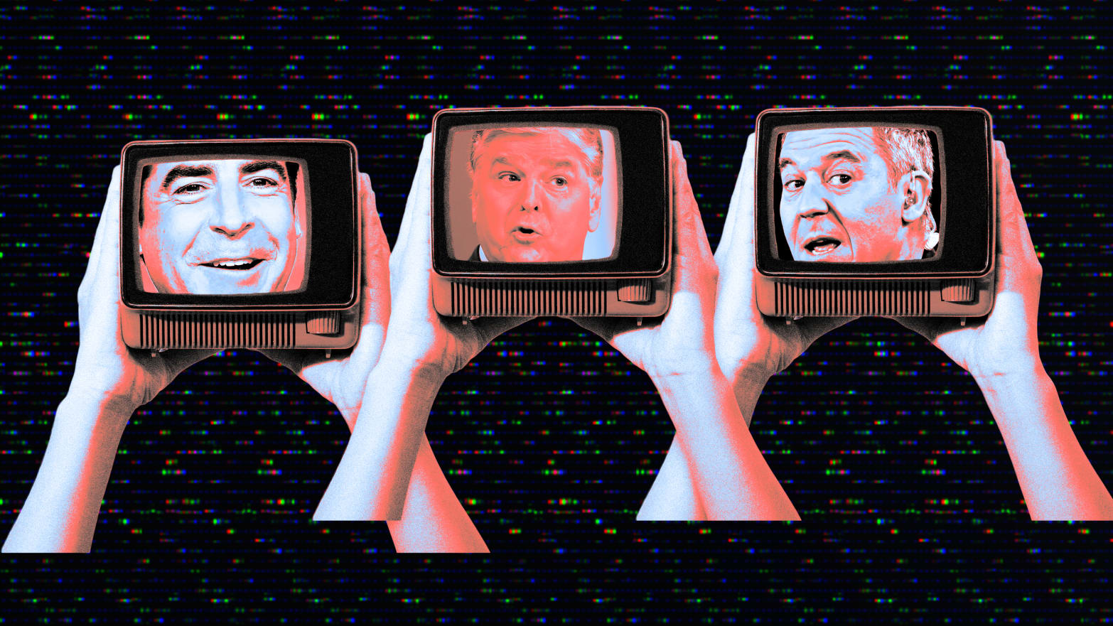 A photoillustration of three televisions being held up with the faces of Fox News hosts Jesse Watters, Sean Hannity, and Greg Gutfeld.