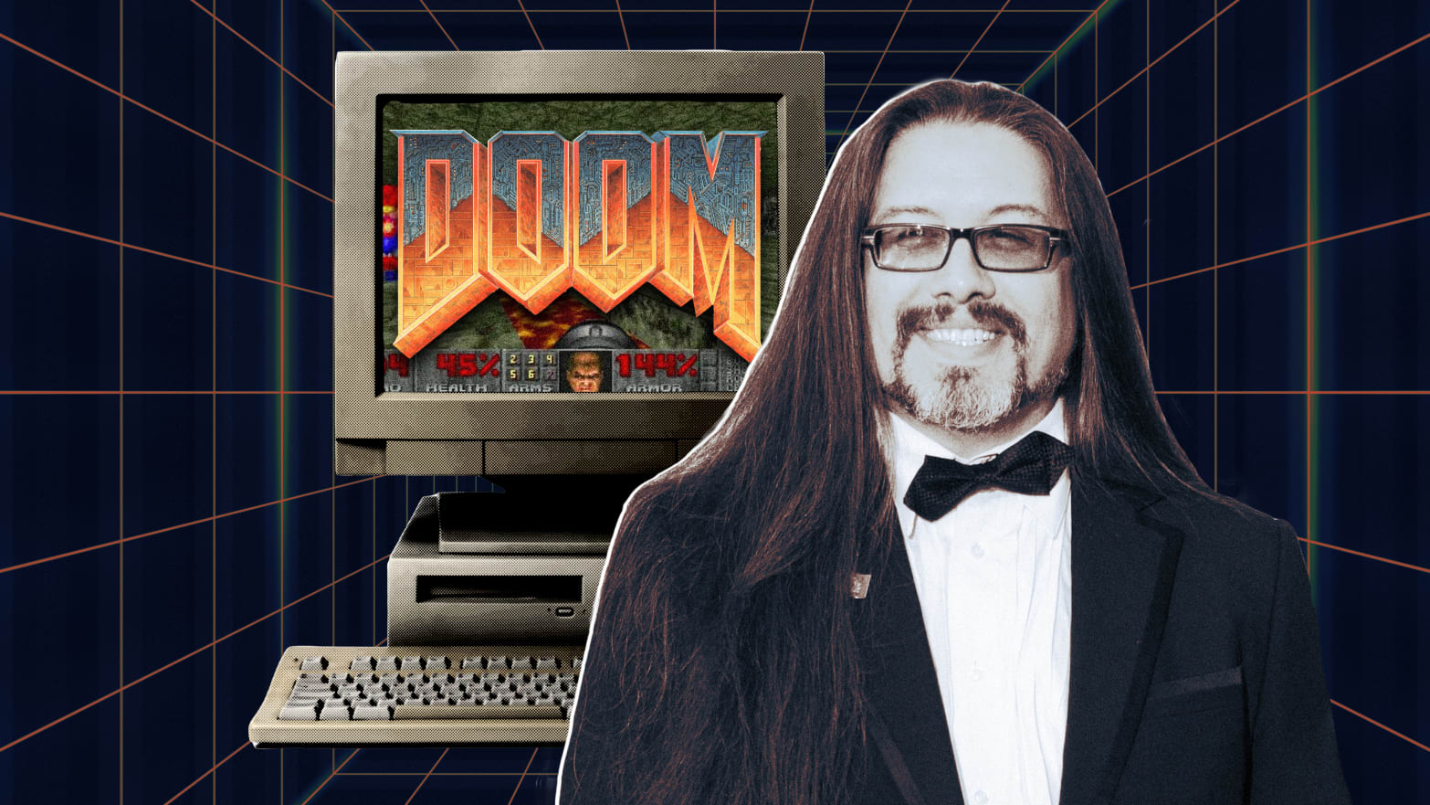 A photo composite of DOOM creator John Romero with a computer screen with DOOM video game scene.