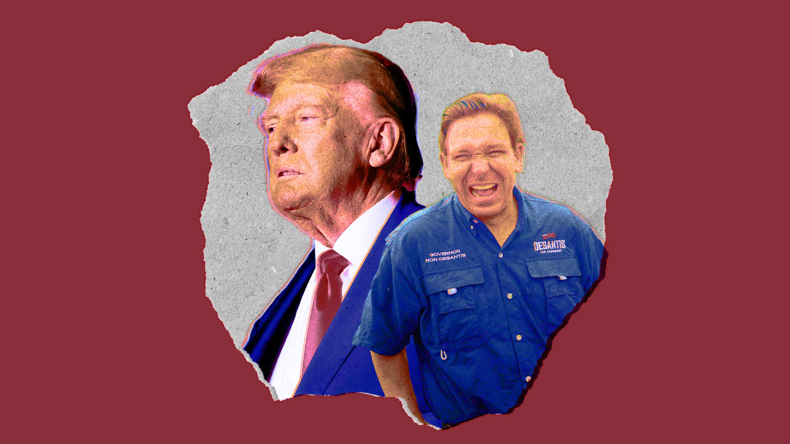 A photo composite of Donald Trump and Ron Desantis on a piece of scrap paper.