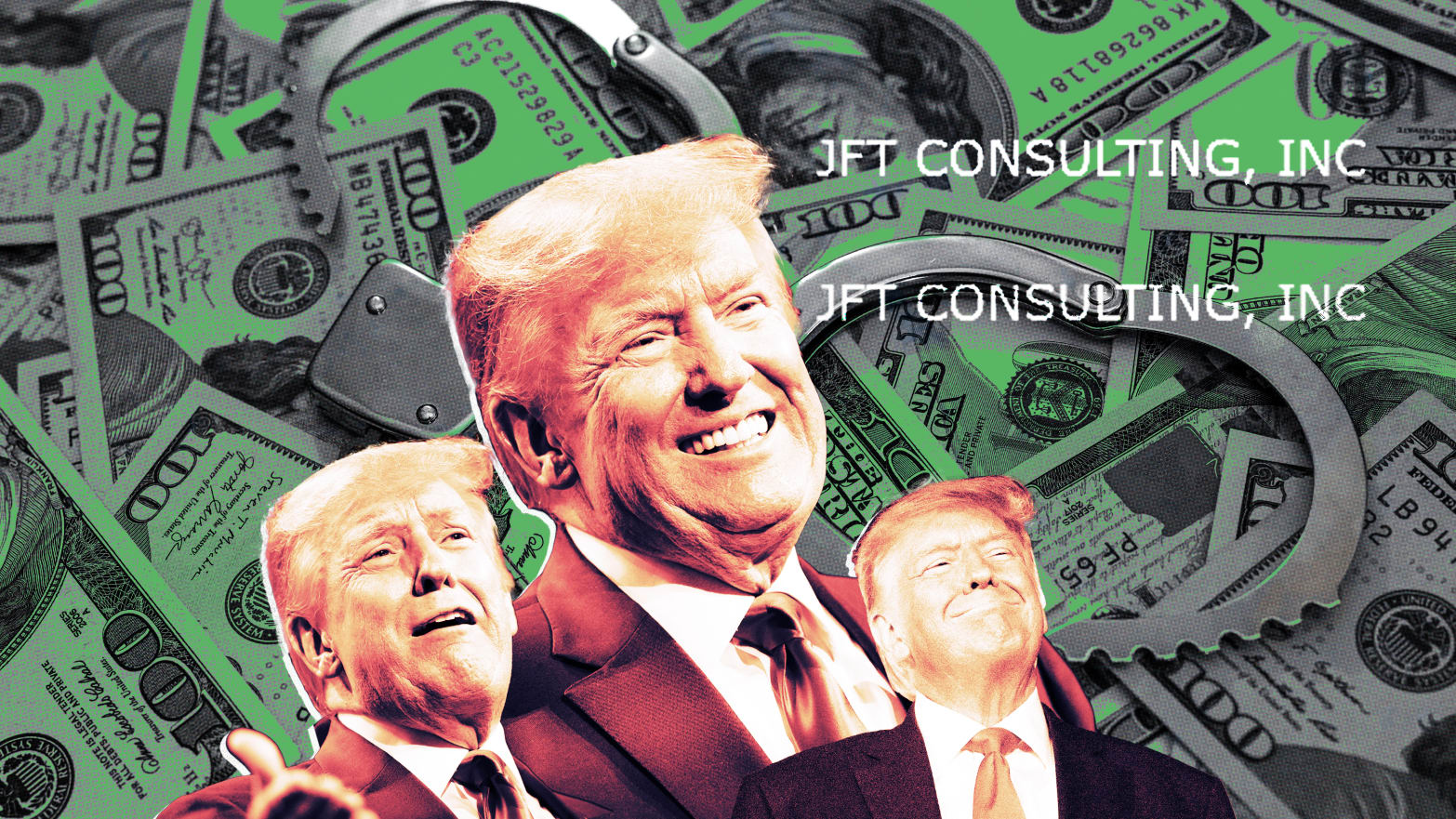 A photo composite of pictures of former President Donald Trump on a background of money and handcuffs.
