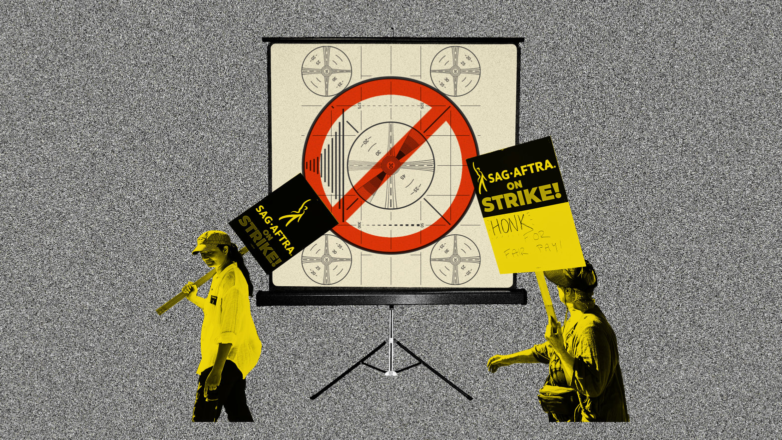 SAG-AFTRA protestors in front of a standing projector screen with a screen test and a red circle with a line through it/stop sign overlaid on top.
