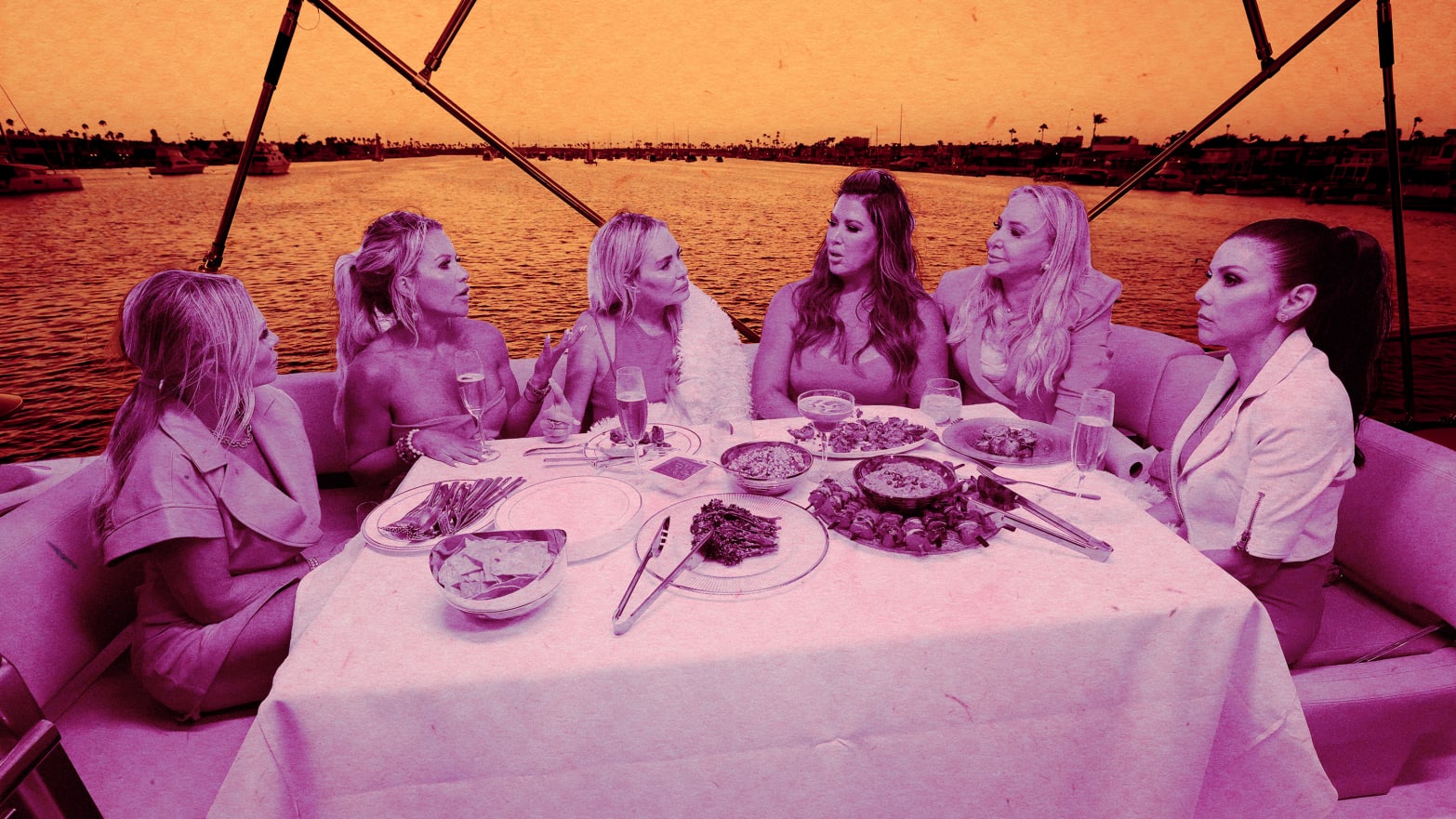 A photo illustration of Tamra Judge, Jennifer Pedranti, Taylor Armstrong, Emily Simpson, Shannon Storms Beador, Heather Dubrow on a boat during The Real Housewives of Orange County.