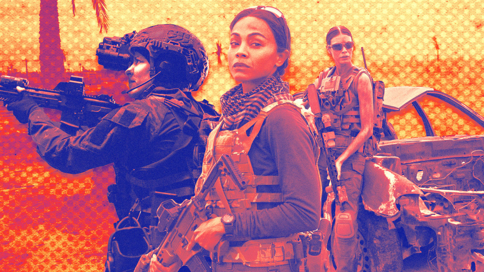 A photo illustration of Jill Wagner, Zoe Saldana, and Laysla De Oliveria in Special Ops: Lioness.
