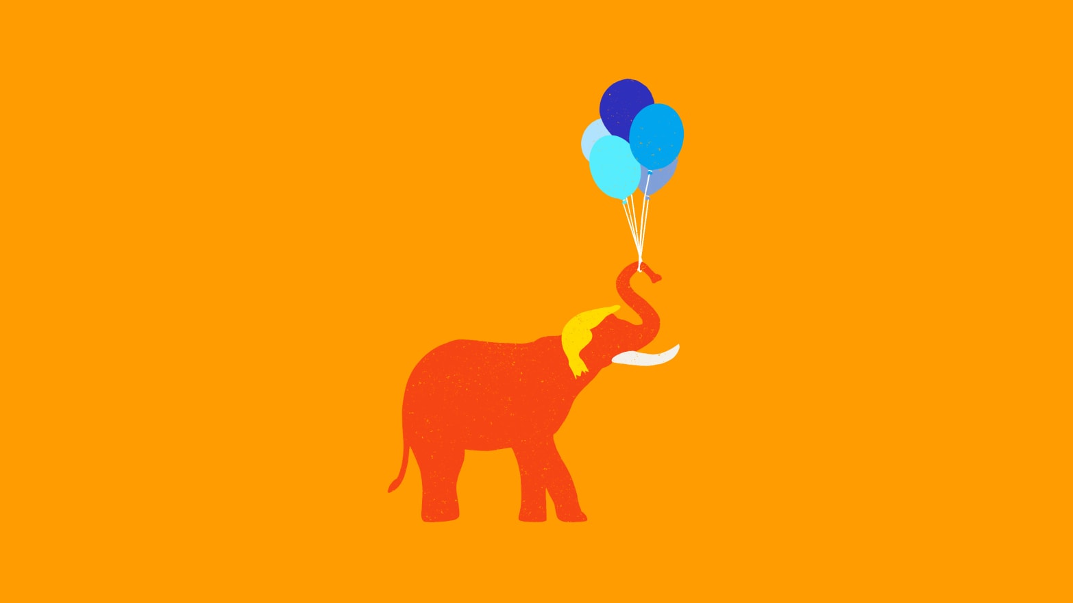 Silhouette of a red elephant on an orange background with yellow trump hair holding a bunch of balloons.
