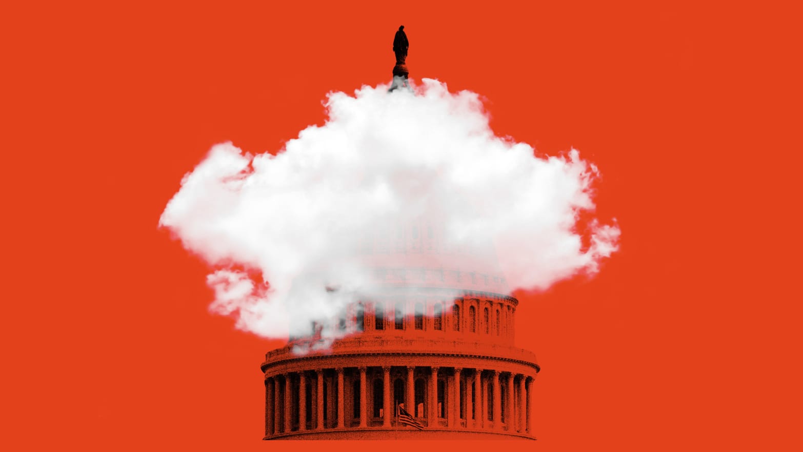Photo illustration of the Capitol building on a red background with a thick cloud overlaid.