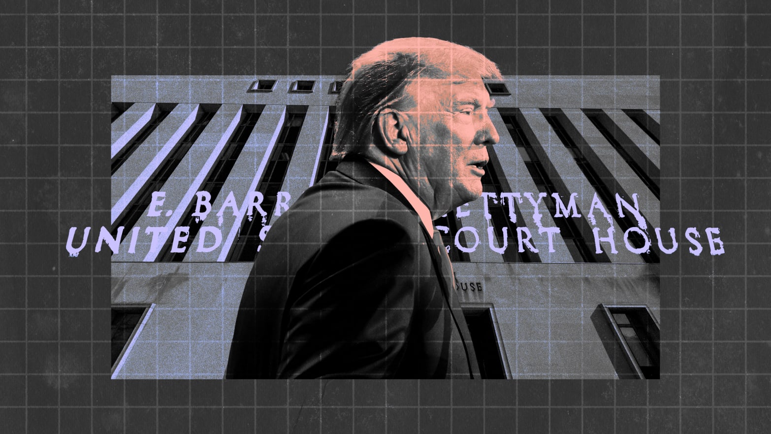 A photo composite of former President Donald Trump superimposed over the Washington DC federal courthouse.