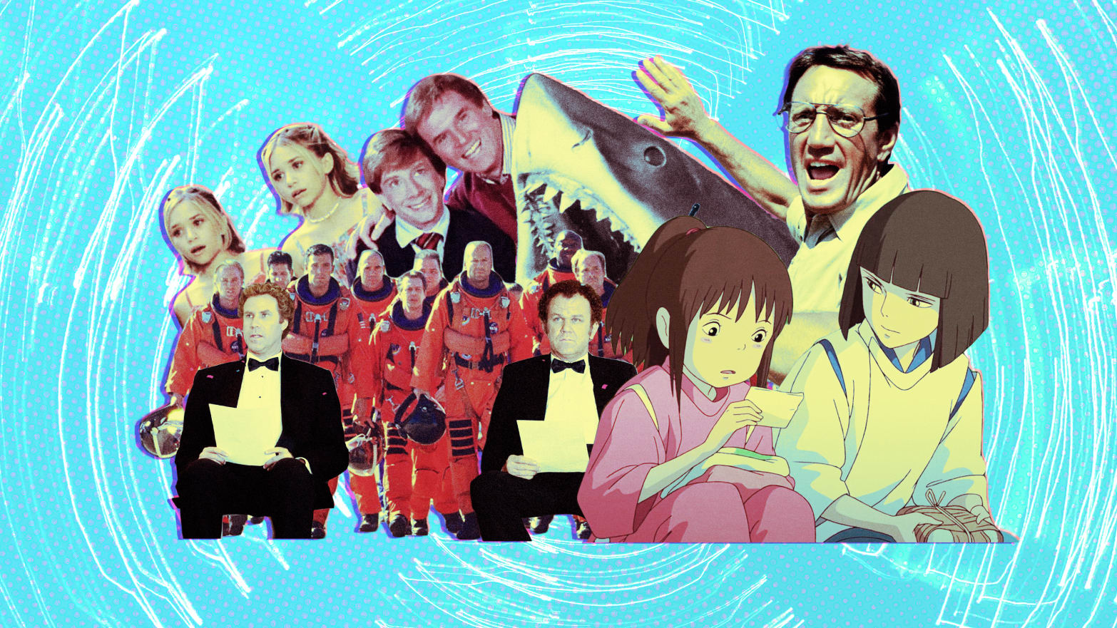 A photo composite of still frames from the movies Armageddon, Spirited Away, Jaws, Clifford, Passport to Paris, and Step Brothers.