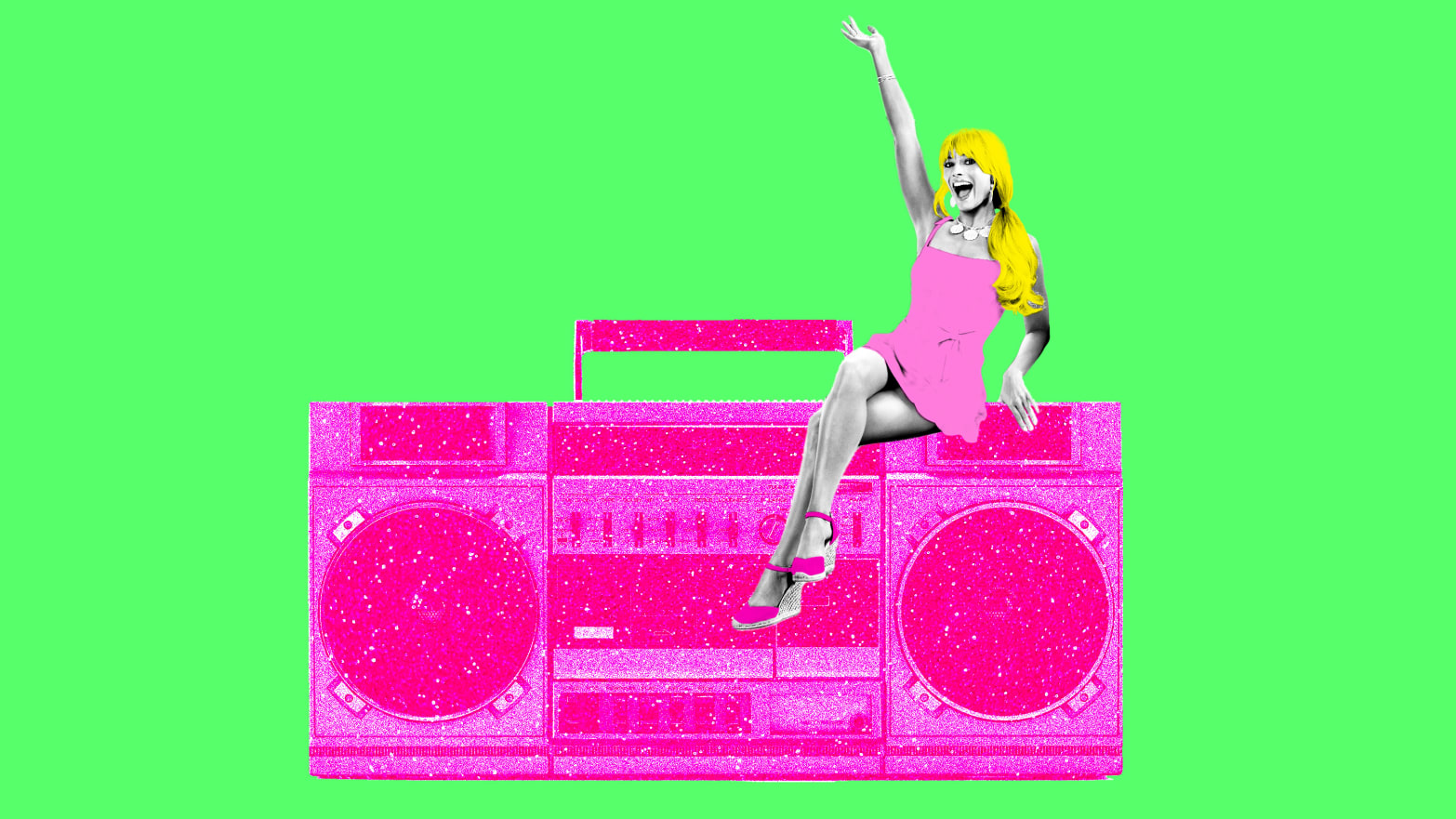 Photo illustration of Margot Robbie as Barbie on top of a pink glitter boombox.