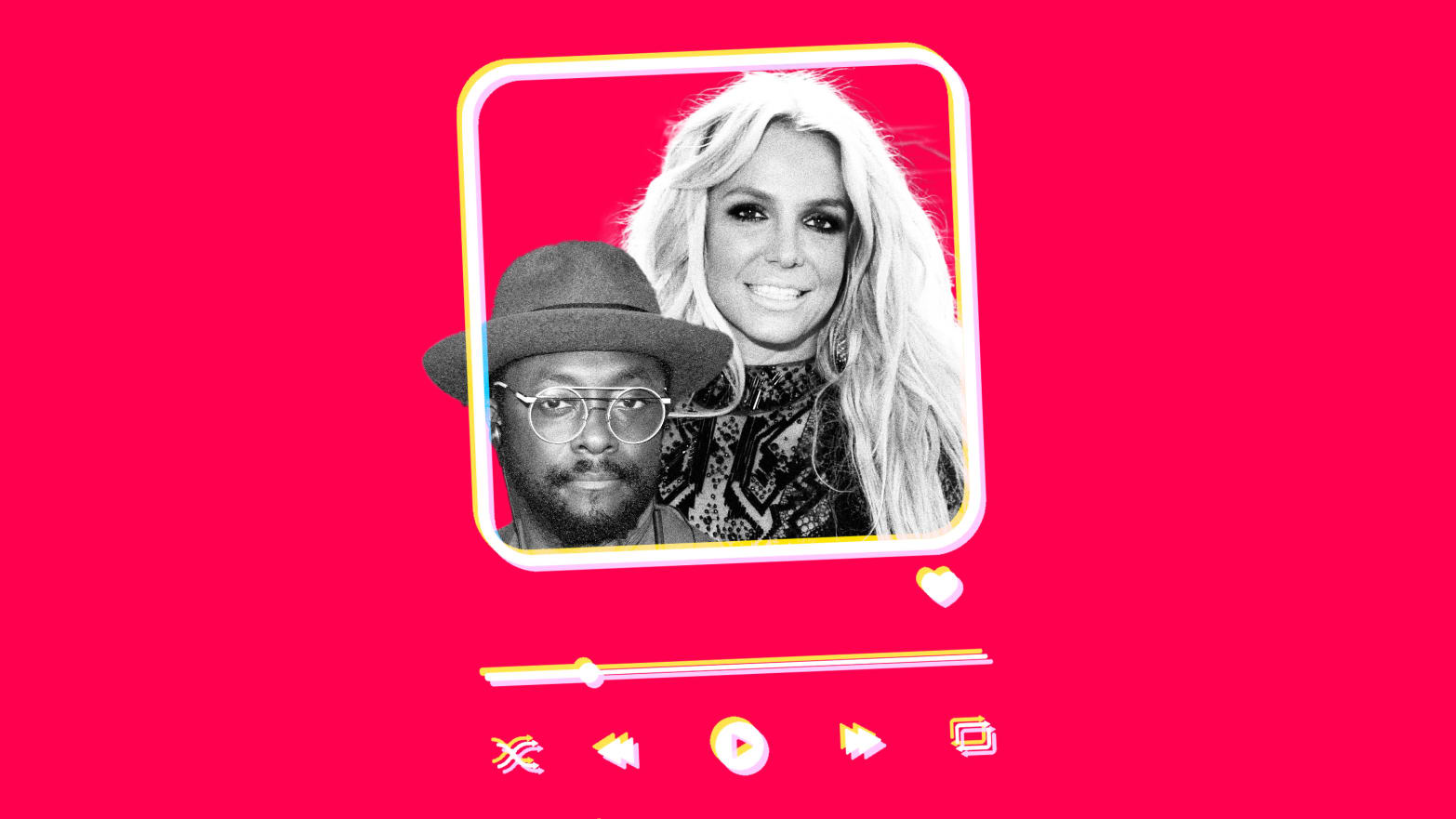 Photo illustration of Britney Spears and will.i.am on a pink background