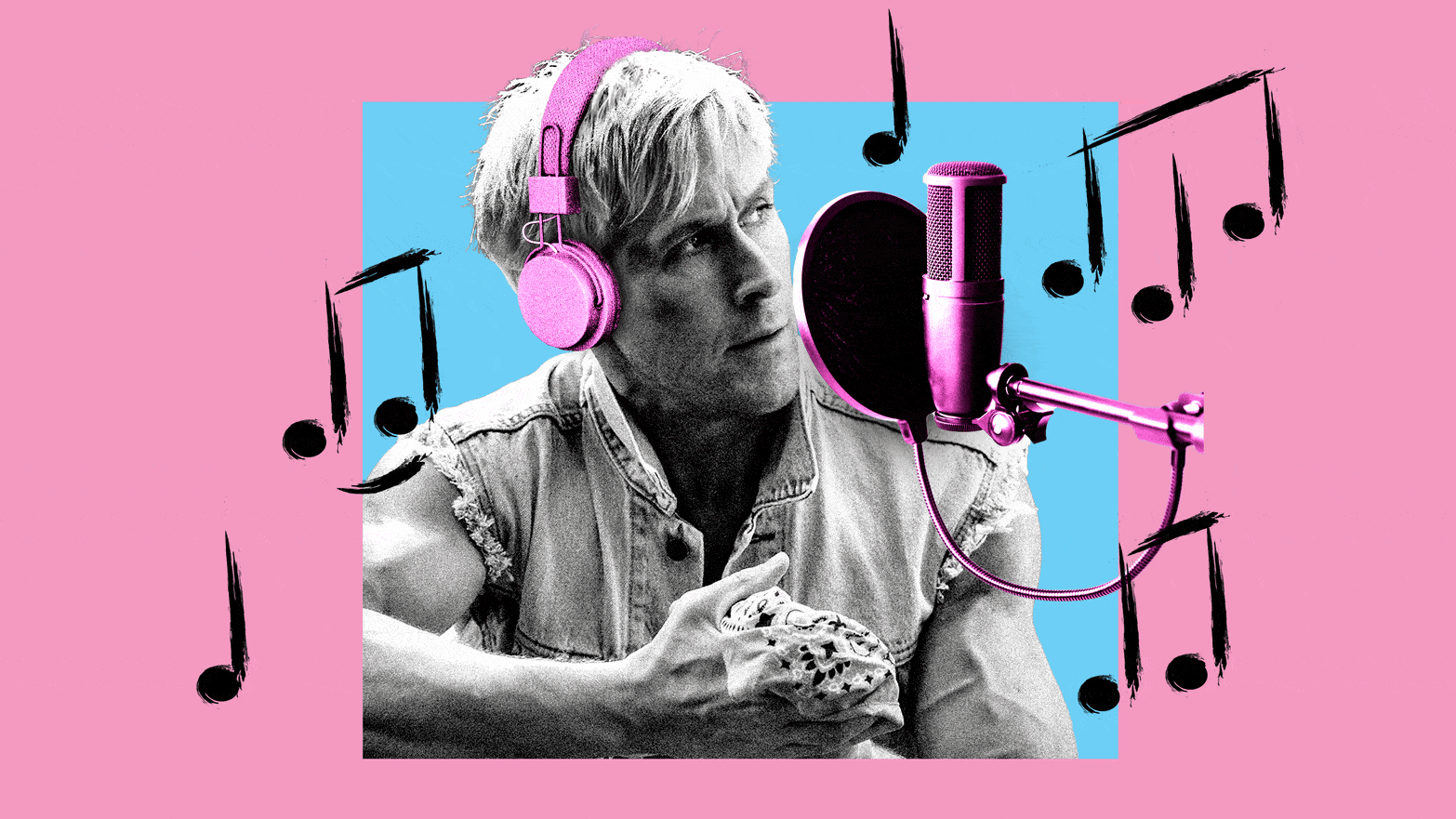 A gif of Ryan Gosling as Ken in ‘Barbie’ with headphones on and in front of a microphone and notes floating around him