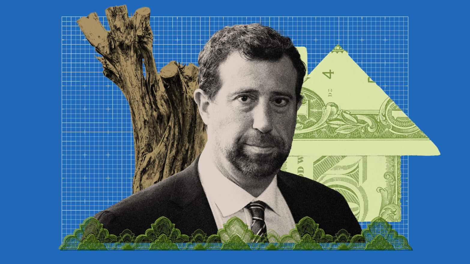 Photo illustration of Justin Ishbia collaged on top of a blueprint background, a tree stump, and an origami house made of money.