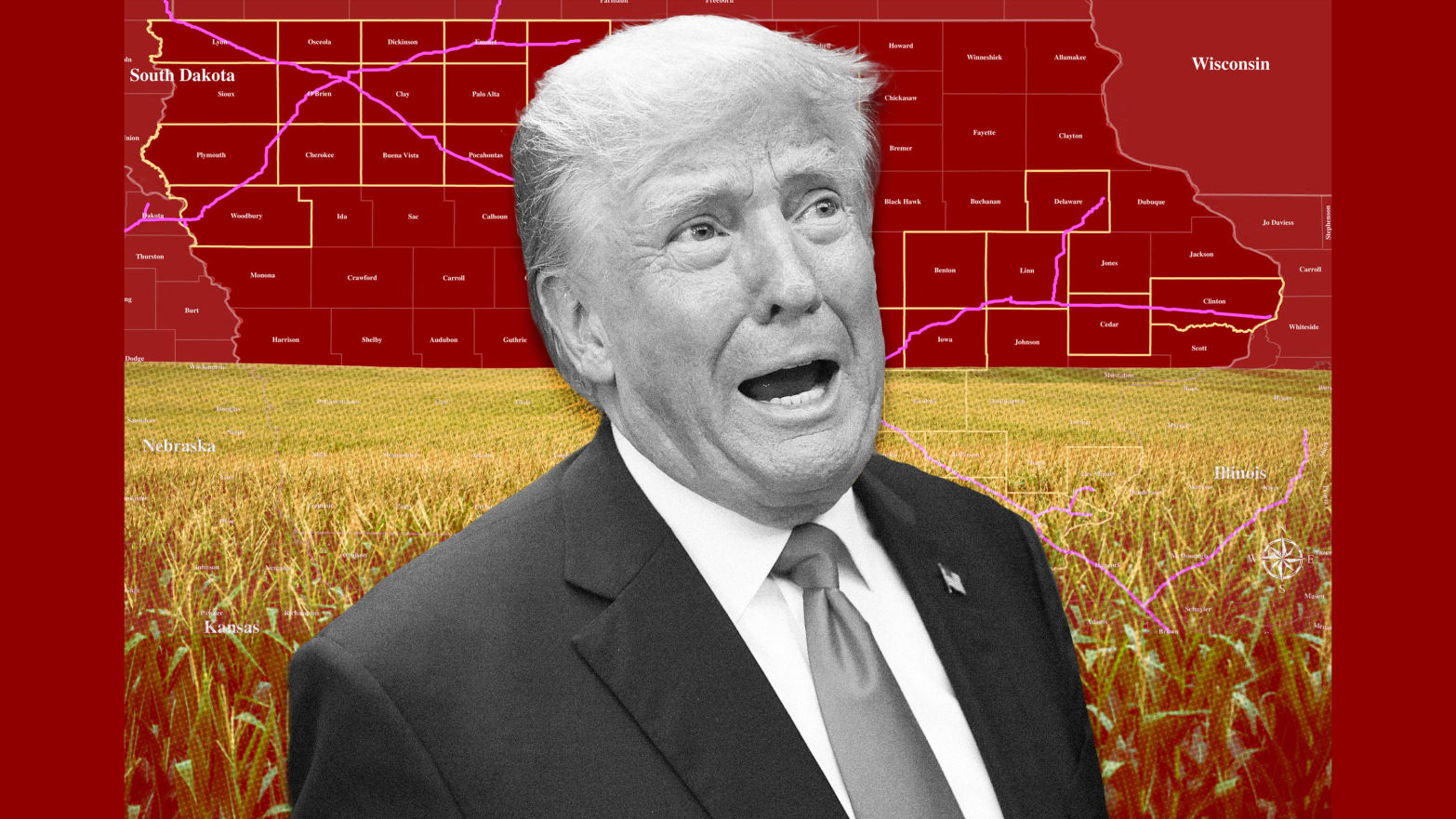 A photo illustration of Trump over a proposed map of CO2 pipelines running through Iowa state.