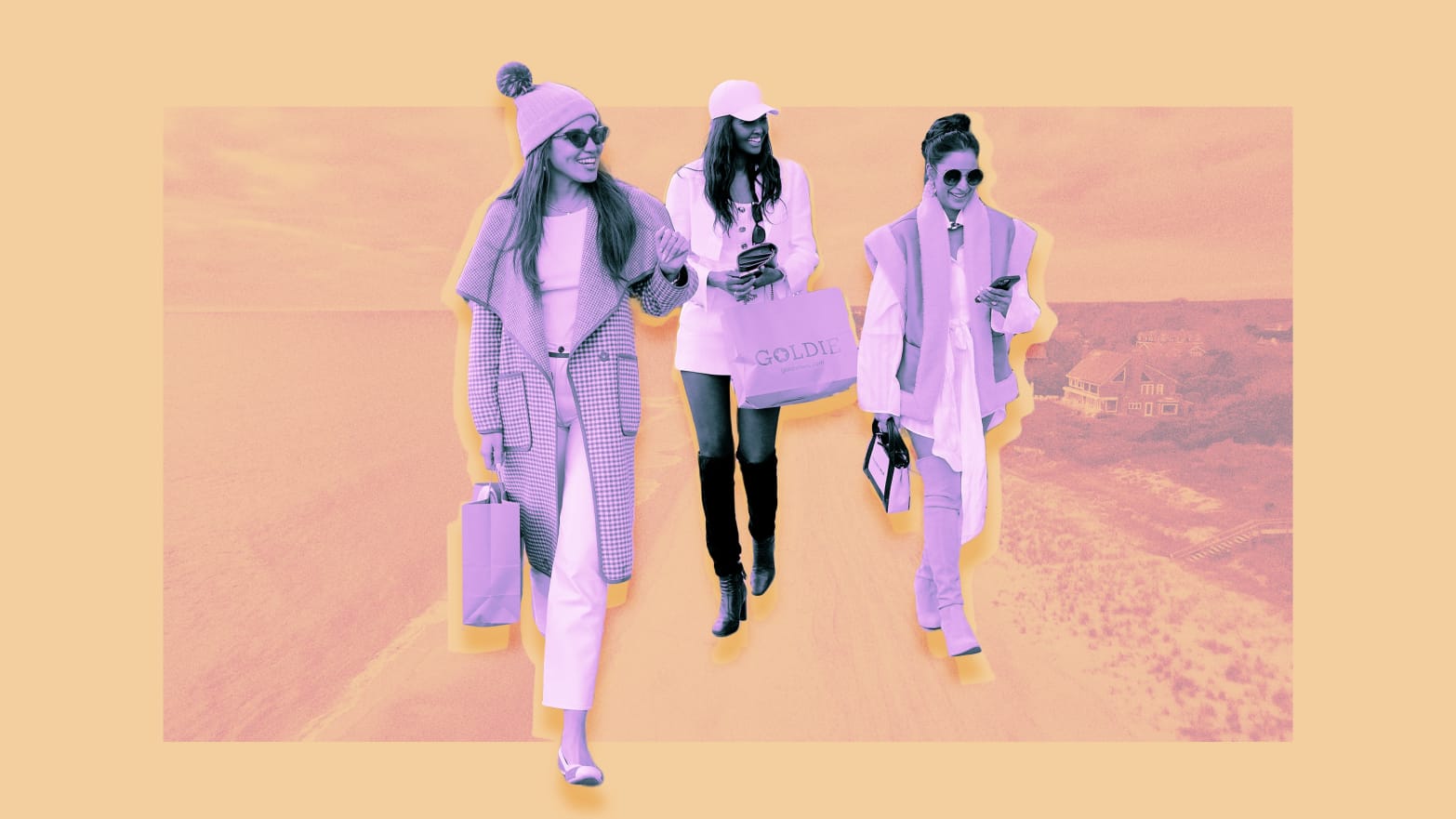 A photo illustration of Brynn Whitfield, Ubah Hassan, Jessel Taank on RHONY and an image of the Hamptons shoreline.