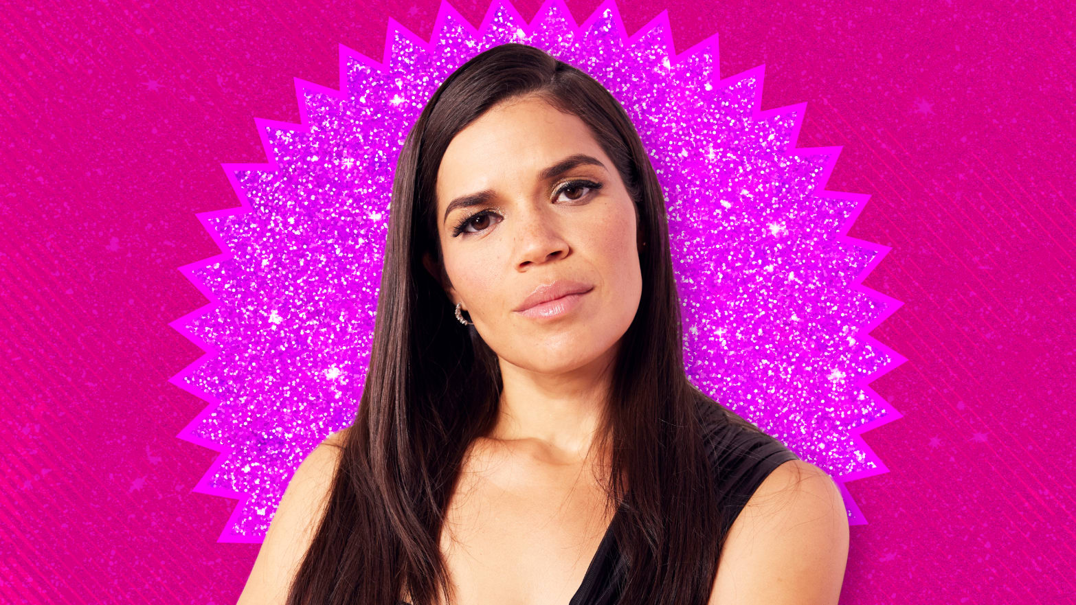 A photo illustration of America Ferrera on pink and purple background.