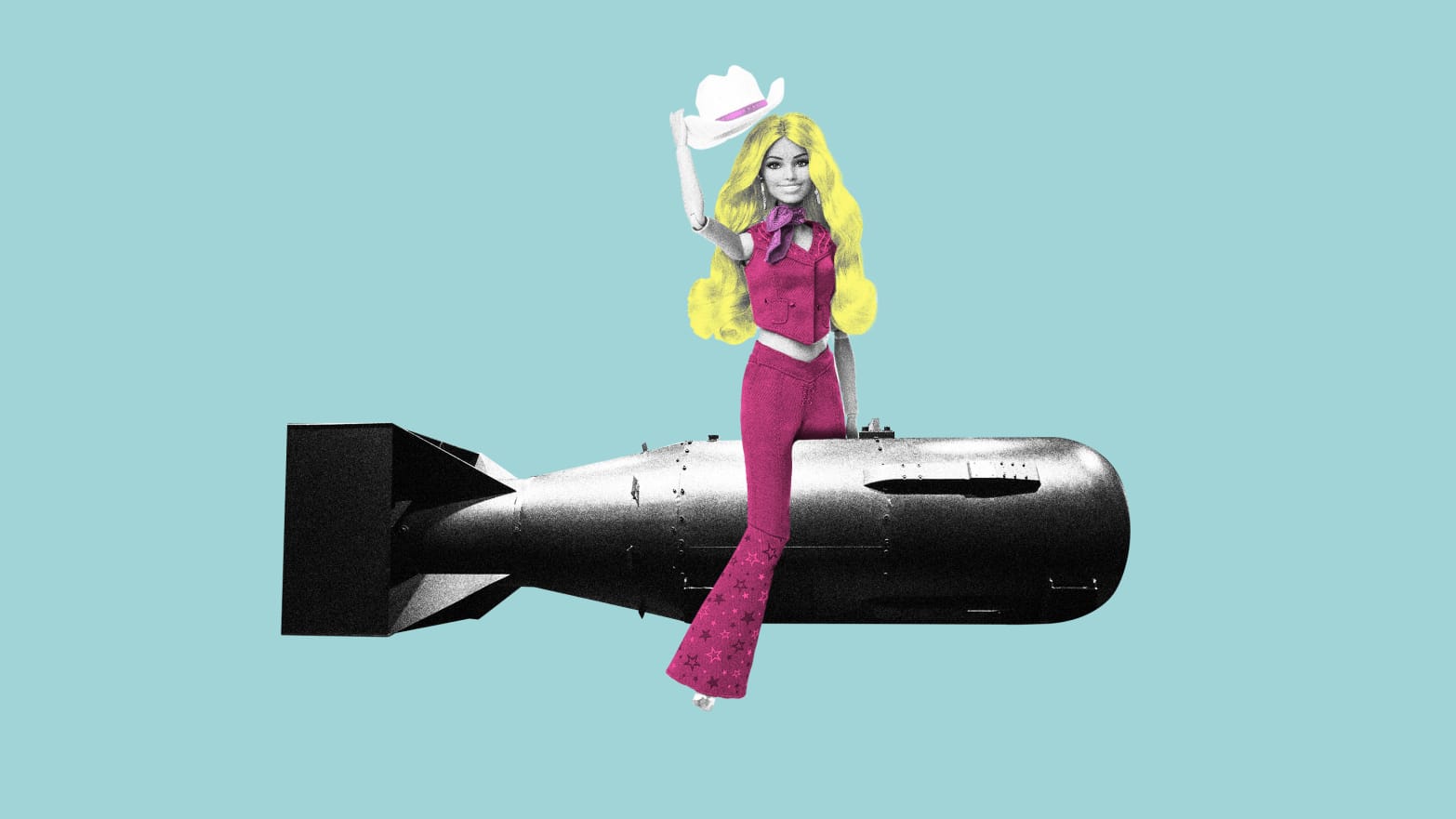 Photo illustration of Barbie riding an atomic bomb on a blue background