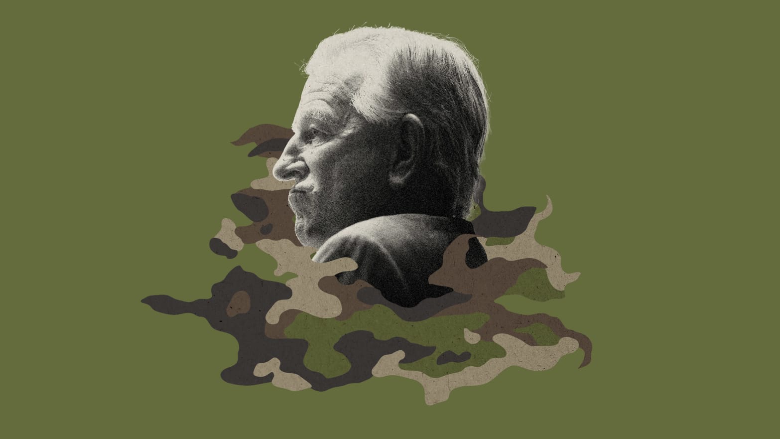 Photo illustration of Senator Tommy Tuberville amid green camouflage