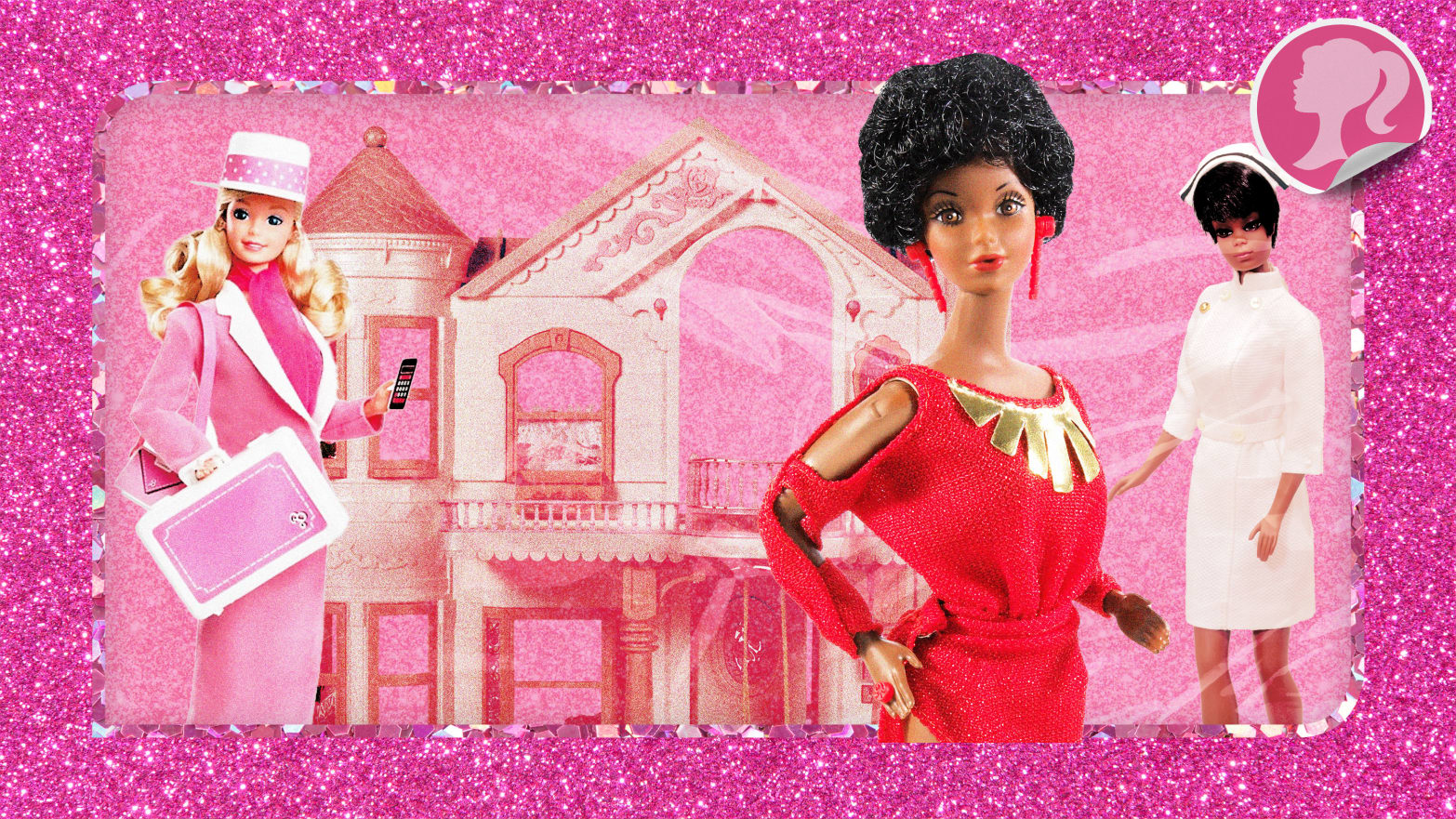 An illustration including Toy Barbie Dolls and the 1998 Barbie Deluxe Dreamhouse