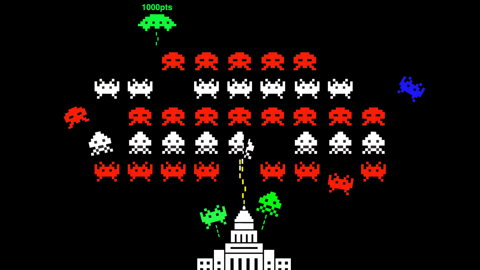 An illustration including Space Invader themed UFOs and the Capitol Hill building