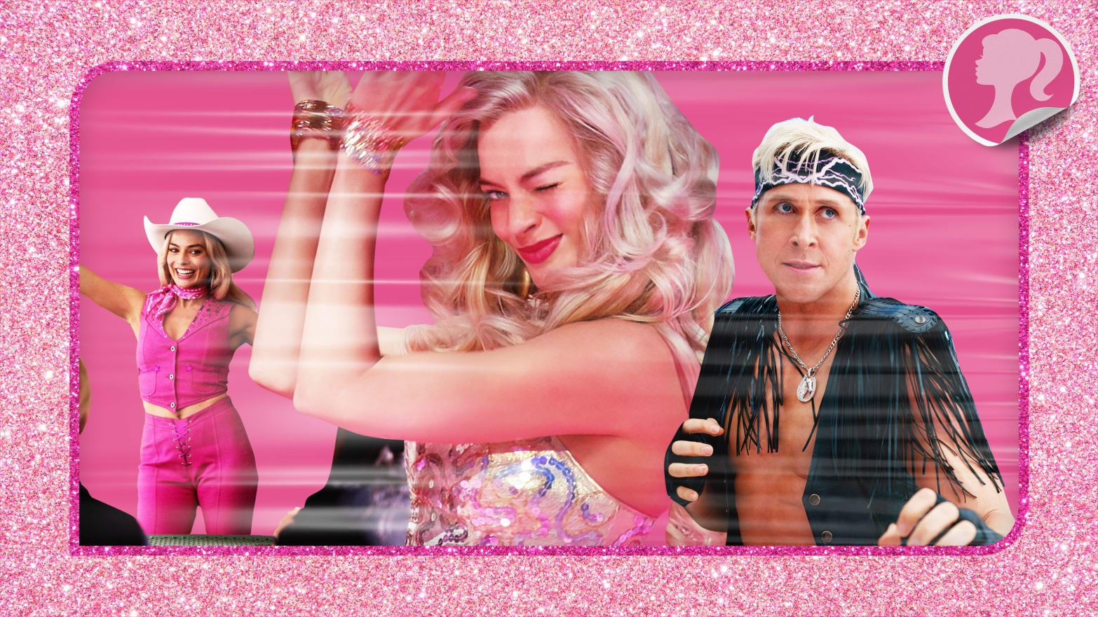 A photo illustration showing stills from Barbie featuring Margot Robbie as Barbie and Ryan Gosling as Ken.