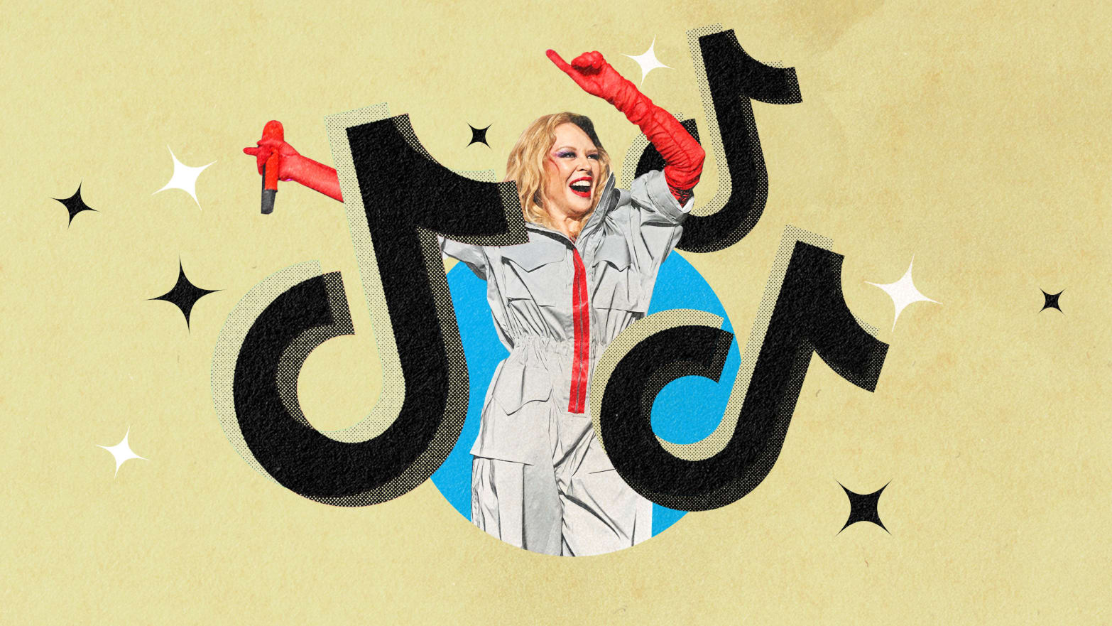 A photo illustration featuring Kylie Minogue singing among the TikTok logo
