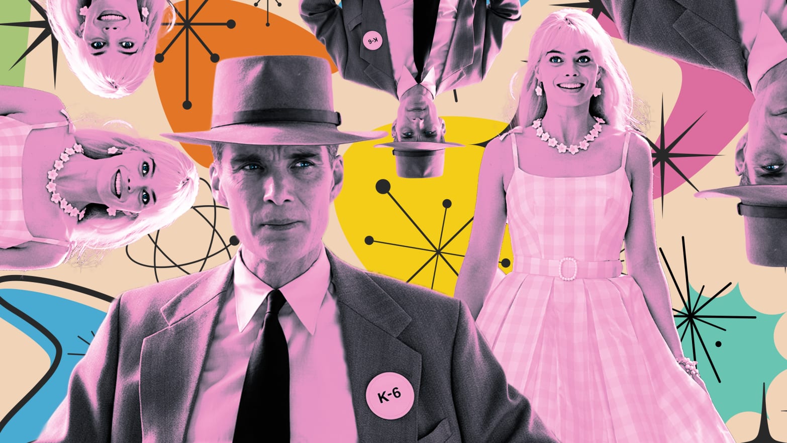 A photo illustration of Cillian Murphy as Oppenheimer and Margot Robbie as Barbie.