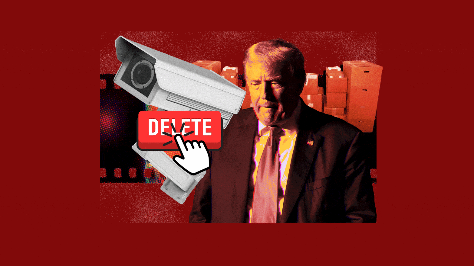 A photo animation of former President Trump and a mouse cursor clicking a delete button superimposed over a security camera.