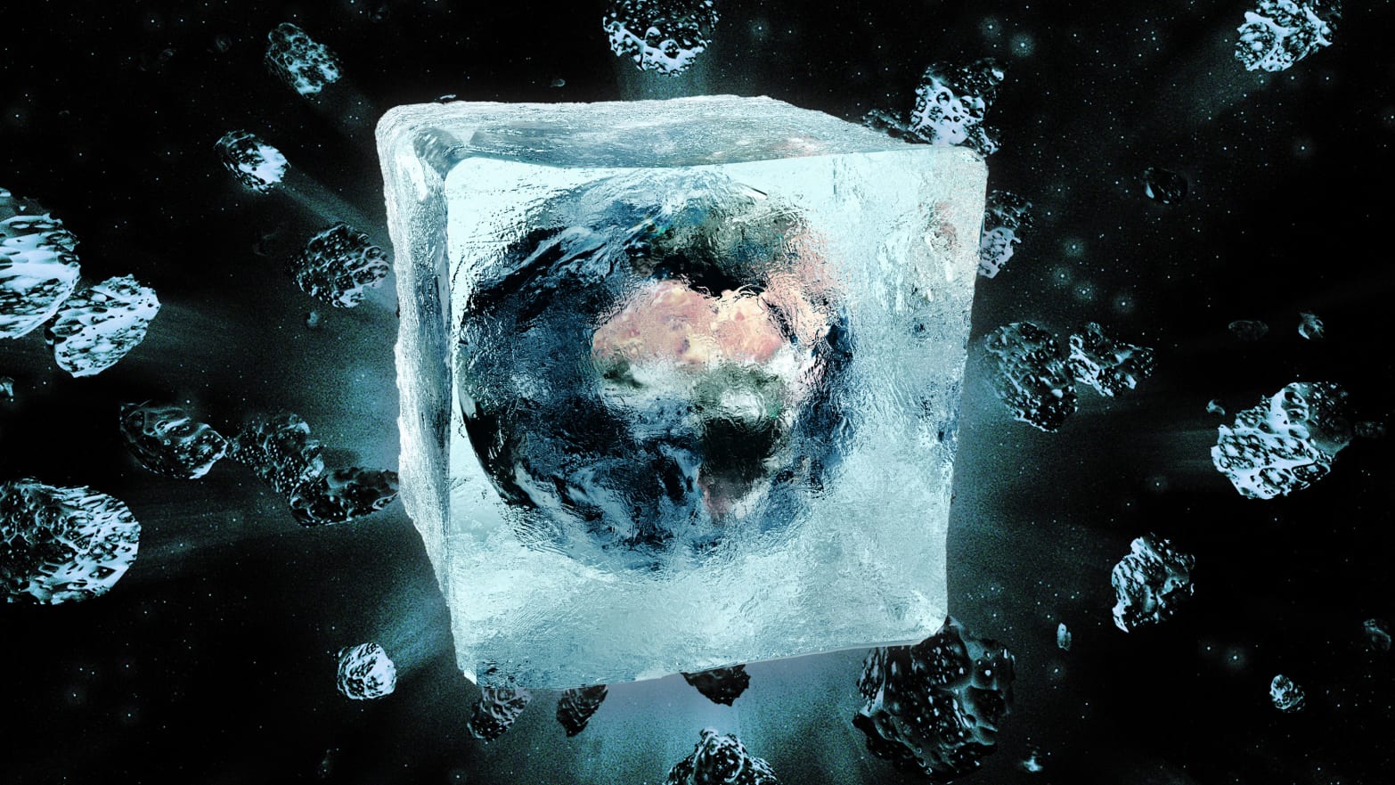 An illustration including a photo of the Earth in an Ice Cube surrounded by Asteroids