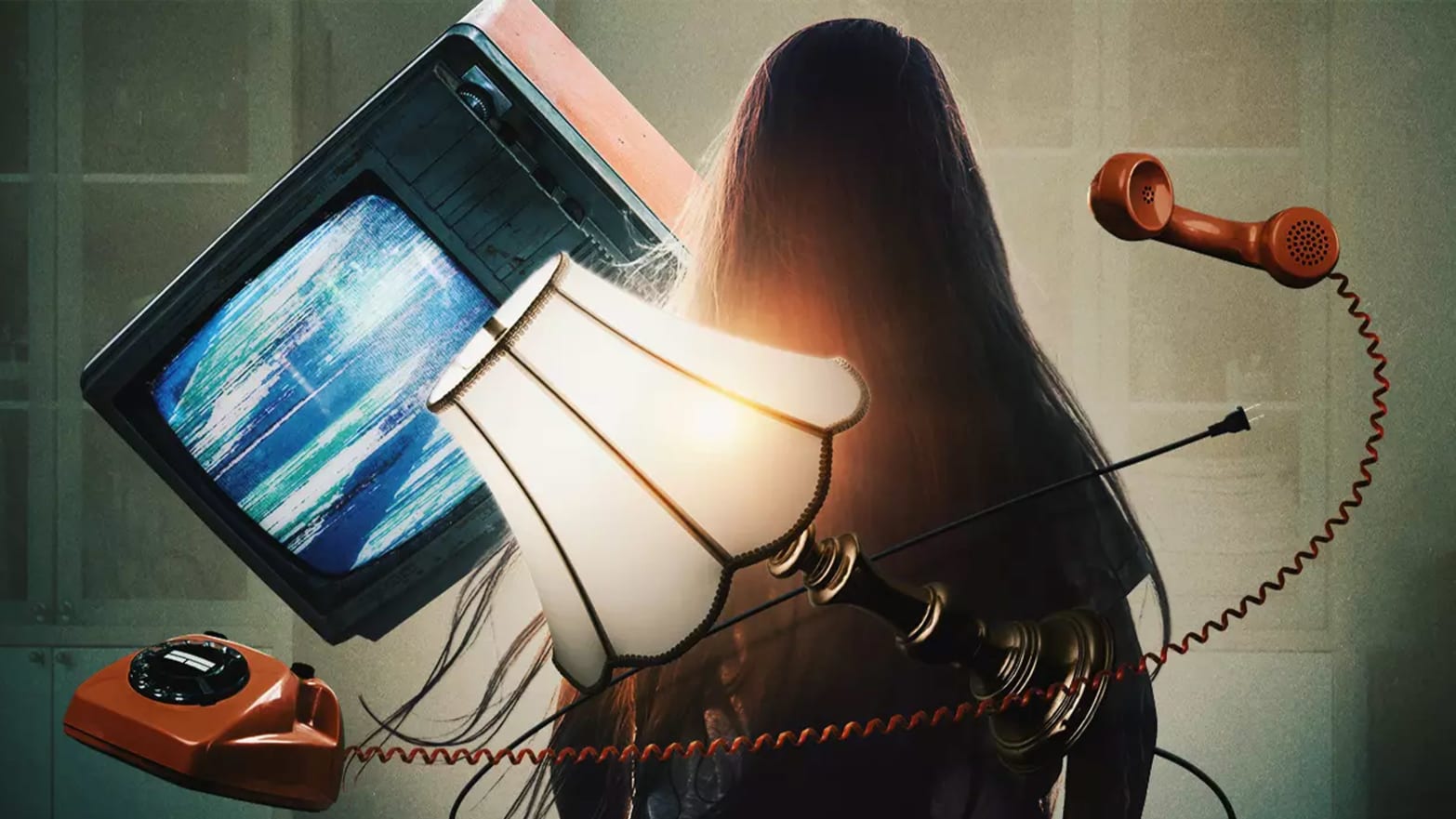 Poster for series Demons and Saviors showing the back of a young girl with a tv, telephone, and lamp swirling around her.