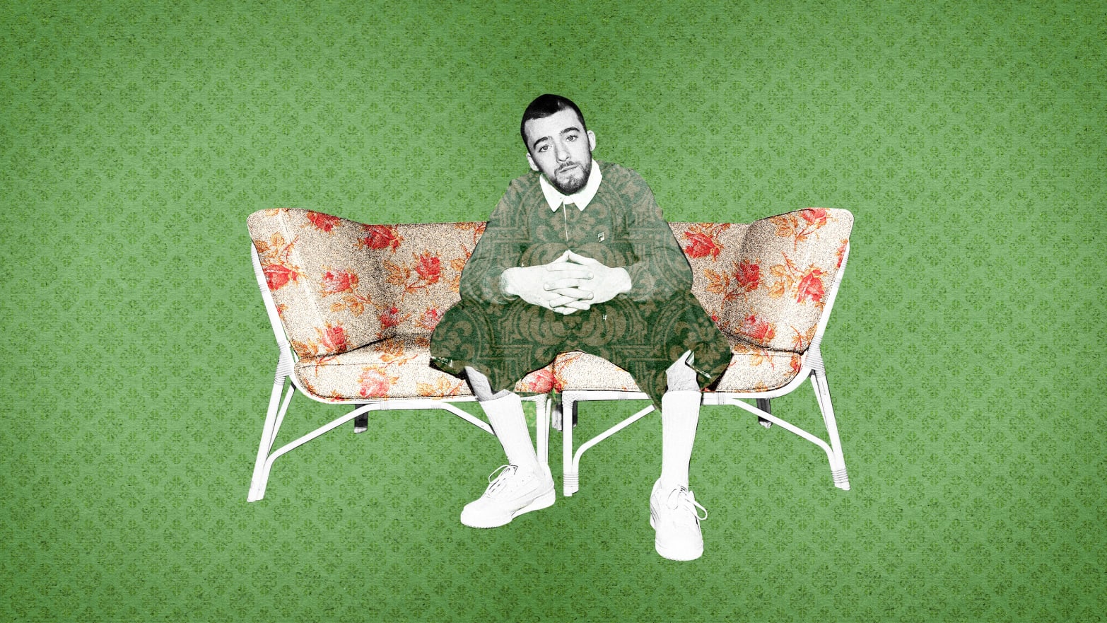 Photo illustration of Angus Cloud sitting on a couch on a green baroque pattern background.