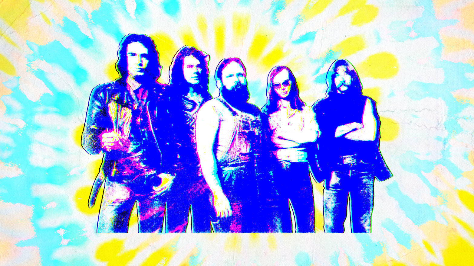 A photo illustration of the band Steely Dan on a tie dye background.