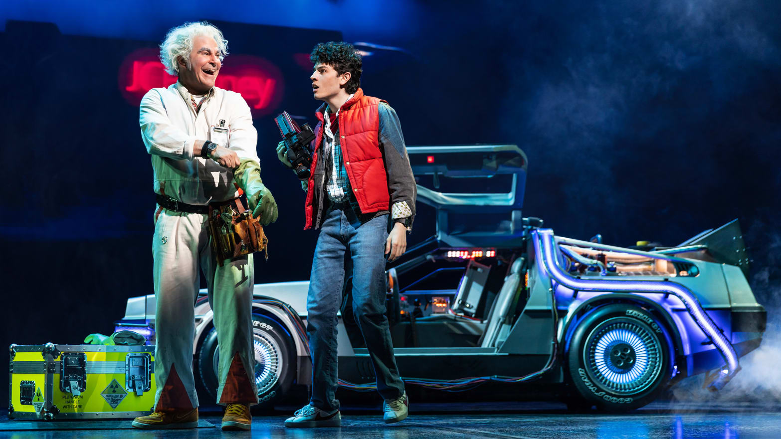 (l to r) Roger Bart and Casey Likes in 'Back to the Future' on Broadway.
