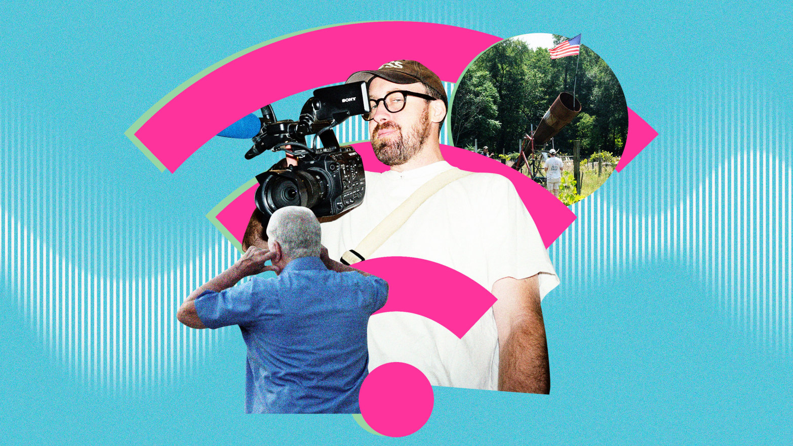 A photo illustration with a wifi symbol showing John Wilson and two stills from How to With John Wilson of a man covering his ears and a  rural setting.