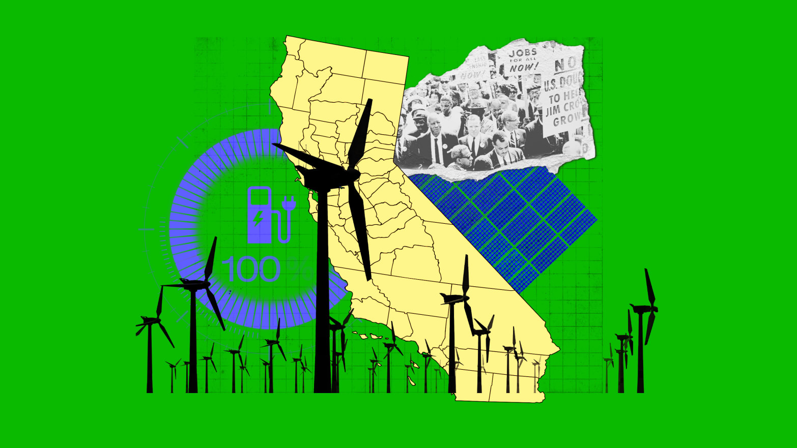A photo illustration of California surrounded by renewable energy and archival photo of civil rights protest.