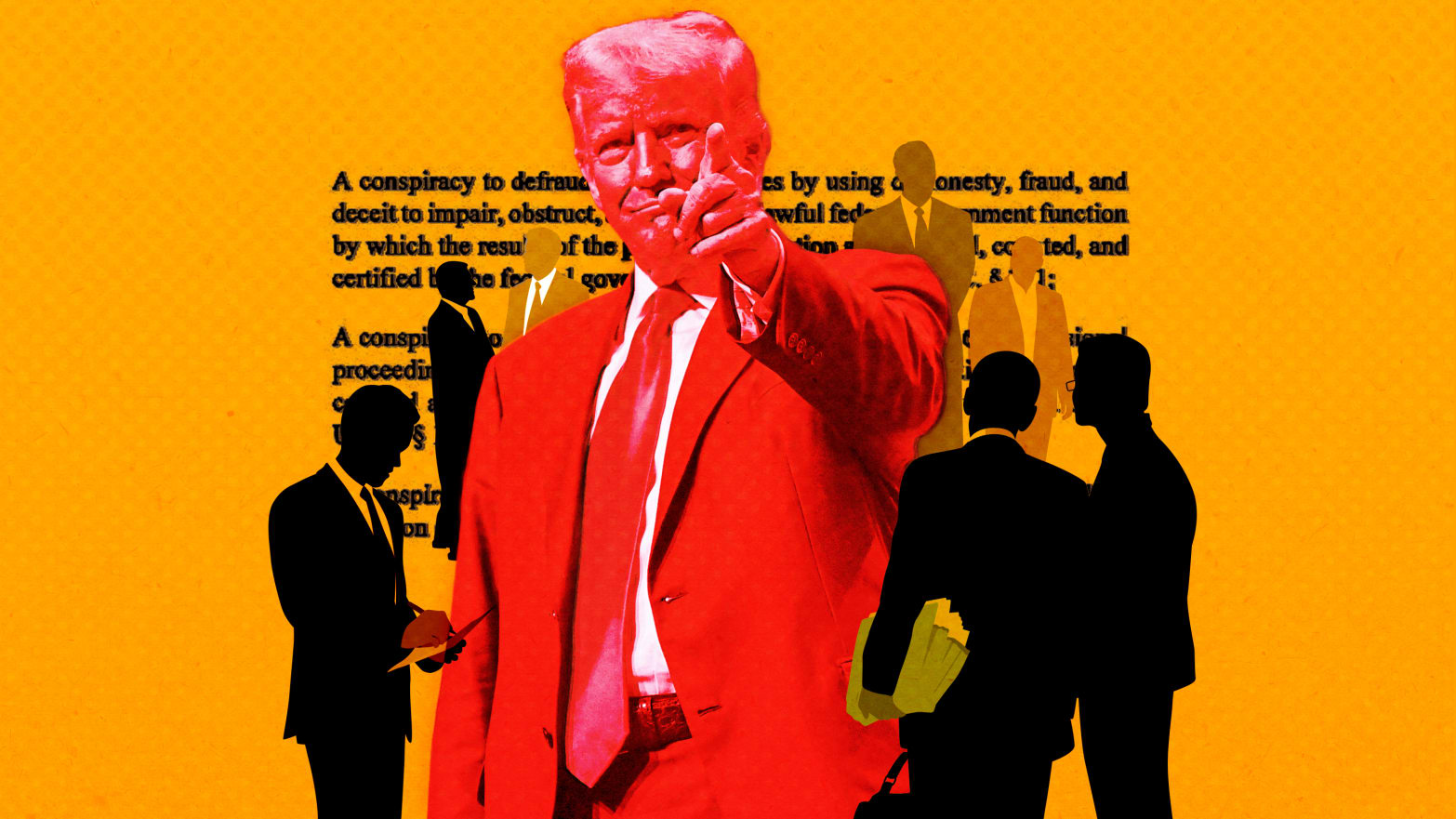 A photo illustration of former President Donald Trump with a background of text from his 2020 election indictment.