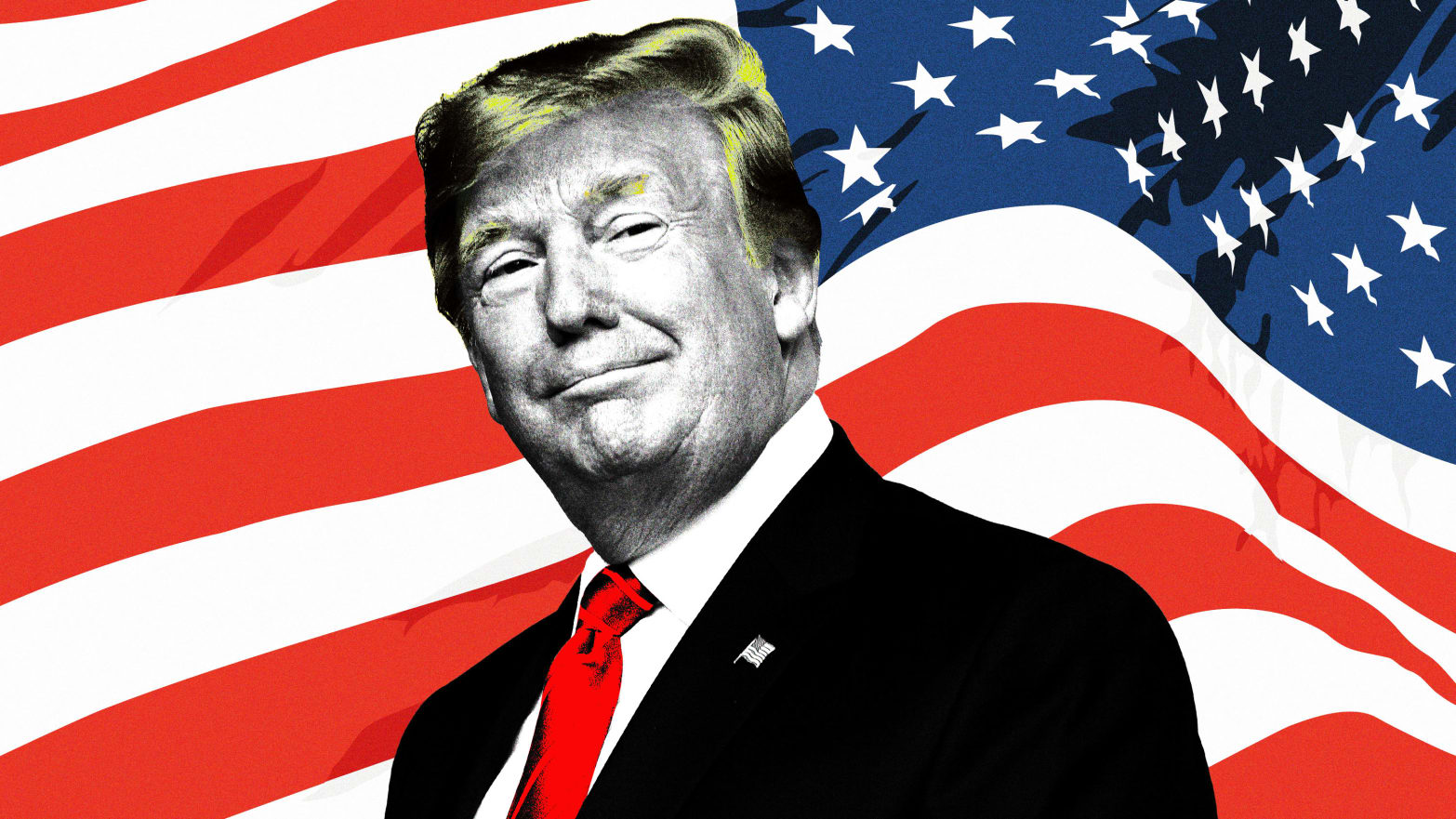 An illustration that includes a photo of Former United States President Donald Trump and the American Flag