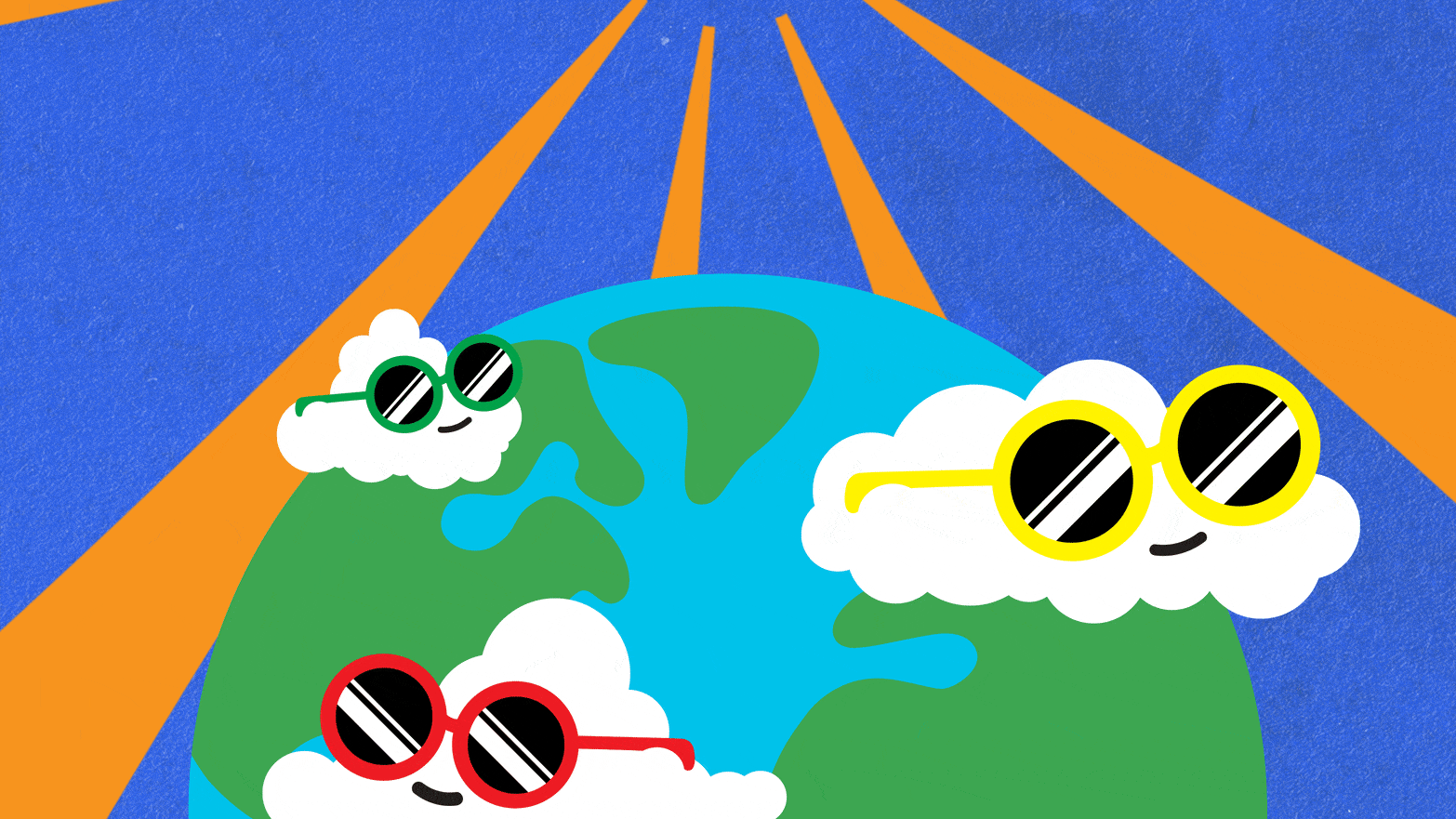 A gif of an illustration that shows sun rays beating down on clouds wearing sunglasses as they float over the Earth