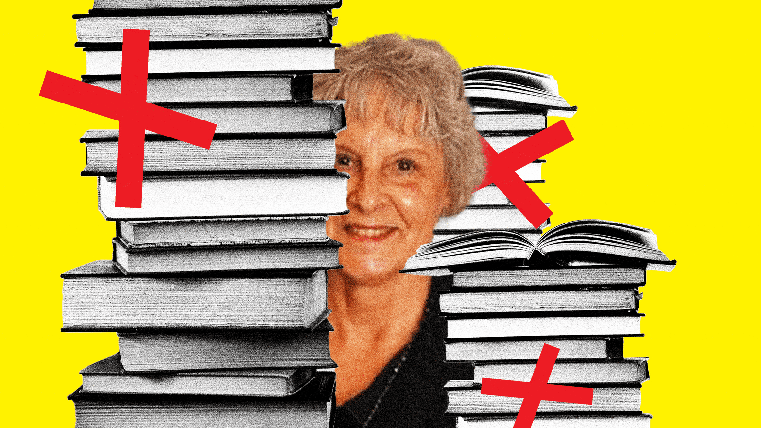 A gif shows Granbury ISD Board Member Karen Lowery in a stack of books while floating red X’s flash across the books.