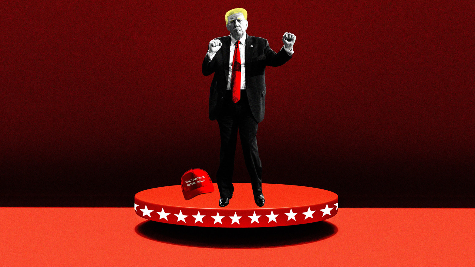 An illustration including Former US President Donald Trump, a floating Podium, Stars, and a Make America Great Again cap