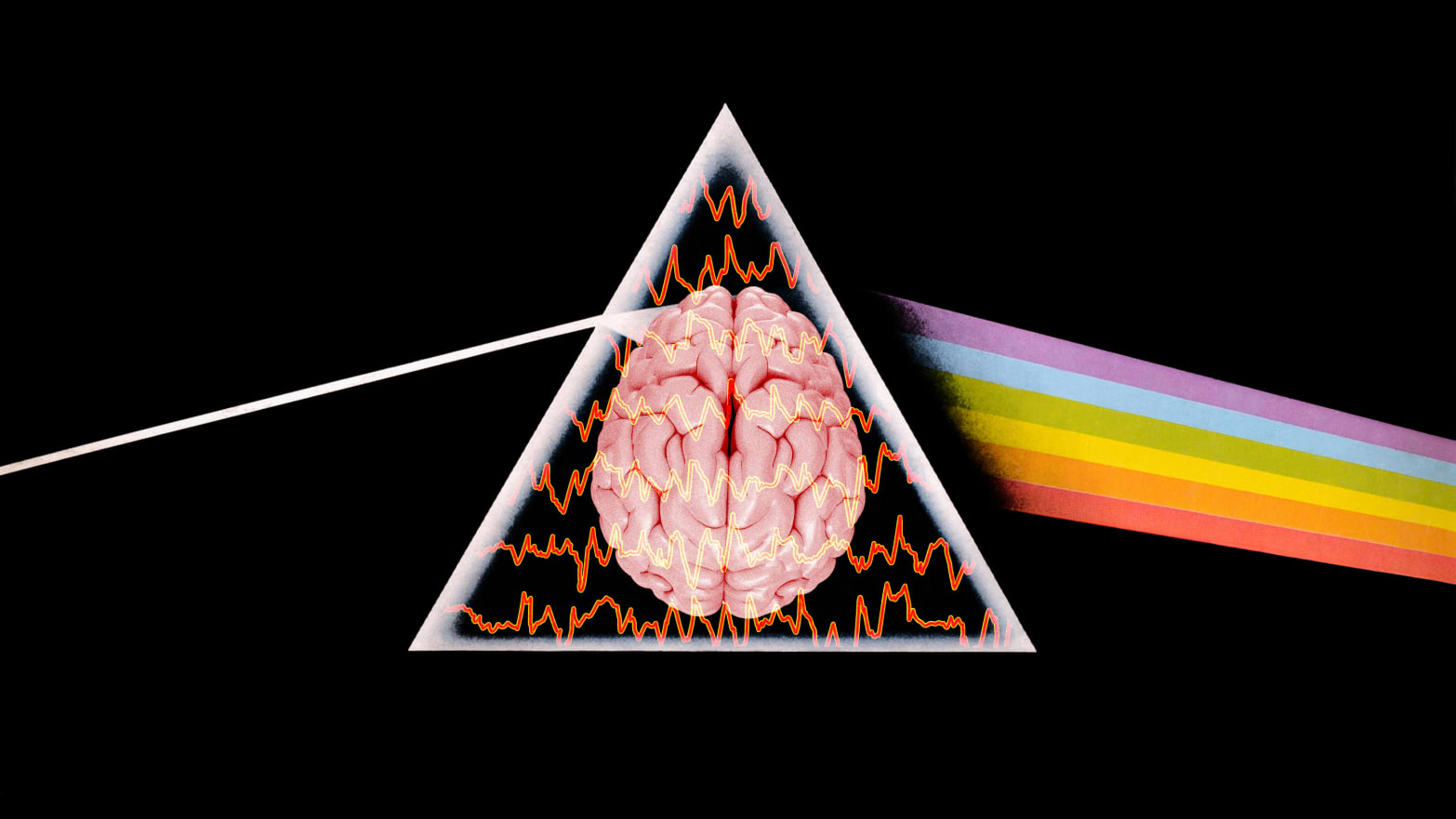 An illustration that includes photos of The Dark Side of The Moon, Brain Waves, and a Brain