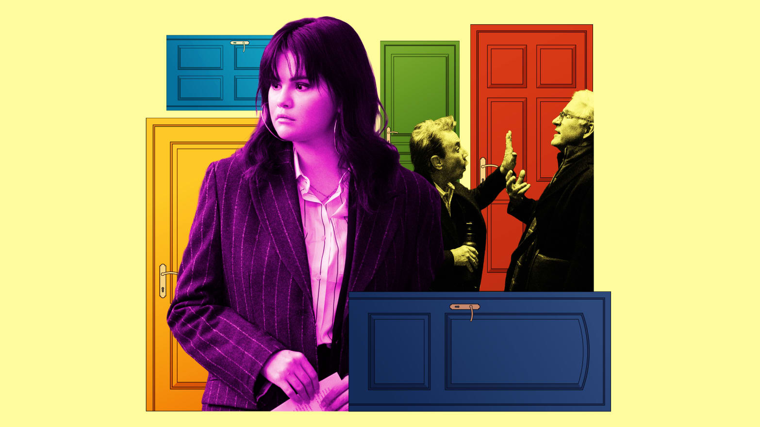 A photo illustration of Selena Gomez, Martin Short and Steve Martin on Only Murders in the Building.