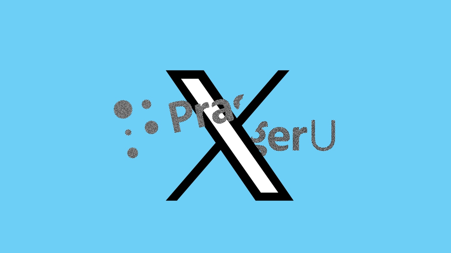 The X logo in between a broken PragerU logo on a blue background