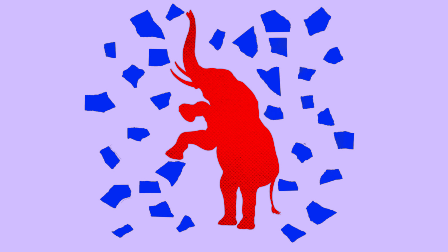 A photo illustration of a red elephant and torn pieces of blue paper.