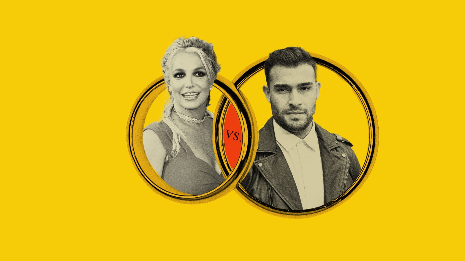 Photo illustration of Britney Spears and her soon to be ex-husband Sam Asghari collaged into wedding rings.